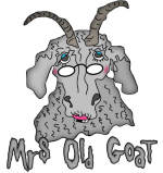 Mrs. Old Goat- the companion to Old Goat- gray wrinkled old goat, missing her teeth wearing her glasses, with hot pink lipstick and rouge- completed by her bright blue eye shadow