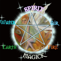 Pentacle with the 5 points named earth, air, water, fire and spirit. Magick is within the cirlcle in the form of a faery. Buy 2 or more of the same design and save.