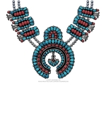 The Squash Blossom Necklace is a popular piece of Native American Jewelry in the Southwestern US. This design is created in a Navajo style, with turquoise and coral set in silver. See this unique Southwestern design on T-shirts, Sweatshirts, and more!