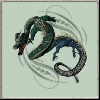 Colorful chinese dragon in blue and green, richly decorated with ornaments. An ornamental background sets off this beautiful fantasy design for dragon lovers.