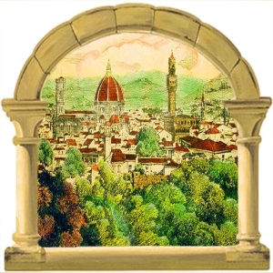 Some beautiful Italian room views, through a classical stone window frame, of Florence, Venice and beyond.