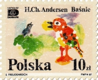 This Poland stamp from 1987 commemorates Hans Christian Anderson and his wonderful children's stories. The design has a lightly distressed look as though you've had it for years.