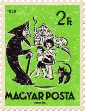 This stamp from Hungary depicts the children's story Hansel and Gretel complete with a witch. Perfect for Halloween, the green background and black cat in the front This t-shirt has a slightly distressed look for an aged appearance.
