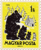 This 1959 stamp from Hungary shows the childrens story of the 3 bears. The shirt has a slightly distressed look for an aged appearance