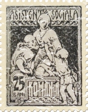 This Romanian stamp says National Assistance at the top and was issued in 1921. These shirts have a slightly distressed look for an aged appearance.
