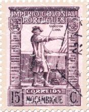 This stamp comes from Mozambique showing Vasco da Gama, one of the most successful explorers of his time. The date of this stamp is unknown. The shirts have a lightly distressed look for an aged appearance.