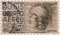 This stamp from Mexico shows an ancient warrior with a feathered headdress and the words Correo Aereo Mexico next to it.