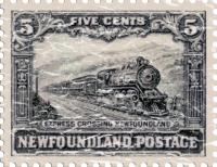 This stamp from Newfoundland was issued in 1928 and shows a train with the caption Express Crossing Newfoundland. These shirts have a lightly distressed look for an aged appearance.