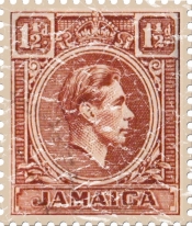 This stamp from Jamaica and shows King George VI and was issued in 1938. This design has a lightly distressed look for an aged appearance.