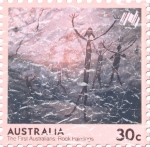 This stamp from Australia shows rock paintings by the Aboriginals who arrived on the continent 40,000 years ago. These shirts have a lightly distressed look for an aged appearance.