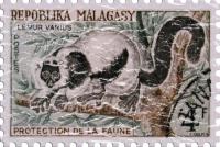 This stamp from Madagascar shows the white ruffed lemur. This design has a lightly distressed look for an aged appearance.