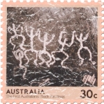 This stamp from Australia shows rock paintings by the Aboriginals who arrived on the continent 40,000 years ago. These shirts have a lightly distressed look for an aged appearance.