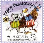This delightful stamp commemorates Australia's bicentenary with the American Bald Eagle and the Australian Koala embracing. This was a joint stamp issue with Australia and the U.S.