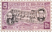 Commemorating Bolivia's 100th birthday of the National Anthem. This stamp has the writers the the anthem Leopoldo Benedetto Vincenti and Joseph Ignacio de Sanjines and includes a bar from the anthem. This stamp was issued in 1946