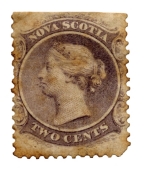 The stamp from Nova Scotia was issued in 1860 and shows Queen Victoria. This stamp has a beautiful natural aged patina.