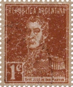 The stamp from Argentina was issued in 1923 and shows the Jose de San Martin, Argentina's general and prime leader of the southern part of South America's successful struggle for independence from Spain.