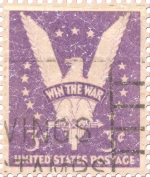 This US stamp was first issued in 1942. The 3 cent stamp shows a stylized eagle with its wings in a "V" and "Win the War" across the chest. The design has a lightly distressed appearance as though you've had it for years.