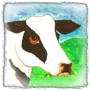 A gentle black and white beauty who likes to eat flowers. A perfect image for kids apparel or useful kitchen items.
Scroll down to see Lumilla the Cow on tee shirts,mousepads,,cutting boards, coasters, bags and many other gifts.