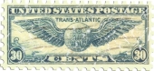 This US stamp was first issued in 1930. The central design is a reproduction of the insignia of an airmail pilot. The design has a lightly distressed appearance as though you've had it for years.