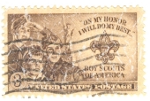 The US stamp commemorating the Boy Scouts of America was issued in 1950. The design has a lightly distressed appearance as though you've had it for years.