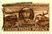 This stamp, issued in 1950, honors Casey Jones. Americas most famous train engineer. This design has a slightly distressed look for an aged appearance.