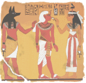 This is a wall from Tutankhamun's tomb. The king is greeted by Anubis and Osiris. Osiris offers him life with the ankh.
