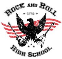 Rock, rock, Rock and Roll High School! Come rock out with the Ramones and turn your school into Rock and Roll High School in this sexy retro class of 1979 apparel.  American eagle holds electric guitars, distressed vintage look print.