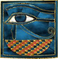 This is a panel from a bracelet found on the mummy. The Wedjat (Eye of Horus) is for protection in the afterlife.