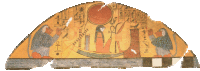 The Sun God, Ra-Horakhty is shown in his boat passing through the underworld. The baboon on the left adores the sun as he sets, the baboon on the right gives praise as he rises.