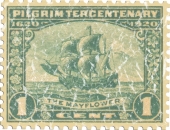 Celebrating the arrival of the first European settlers in the U.S. This stamp was issued in 1920. The design has a lightly distressed appearance for a more aged look.