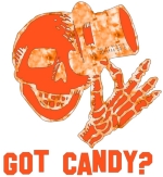 Here's the perfect Halloween party shirt that you can also wear trick or treating. A dapper skeleton tips his top hat and leers charmingly: "Got Candy?" This year celebrate Halloween in both comfort and style.