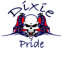Two rebel flags crossing with an evil looking skull and two tribal markings. The text reads Dixie Pride.