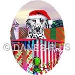Get ready for a Holiday Surprise with this artwork featuring a Dalmatian in a Santa Hat coming out of a HUGE Christmas gift box. Candy canes, ornaments, and more gifts for a Spotty Christmas.