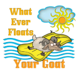 Cartoon Goat - What ever Floats your Goat- Too Funny- This silly goat hangs on to his floaty in the water- Funny goat t-shirts and goat lovers gifts. What ever Floats your Goat- Funny Goat t-shirts.