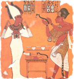 From the tomb of Tutankhamun, Aye, Tut's successor, performs the opening of the mouth ritual to the recently deceased figure of Tutankahmun.