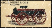 Geo. E. Nissen & Co. Wagons is a vintage advertisement poster from 1823. This design has a lightly distressed appearance as though you've had it for years.