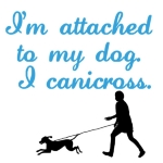 Canicross apparel - This t-shirt design says "I'm attached to my dog. I canicross" If you have a dog who likes to pull your dog will love canicross.