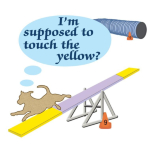 Everyone who does dog agility knows about contact zones. The dog on this dog agility shirt comments "I'm supposed to touch the yellow?" It makes us smile, sometimes. Remember, agility is fun!