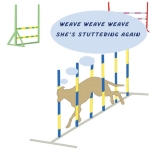 On this agility t-shirt the dog mutters "Weave Weave Weave, she's stuttering again" Colorful agility equipment with a dog silhouette make for a bright and fun agility design. This dog agility design is on other agility apparel such as sweatshirts, tanks