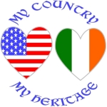 Loving design shows heart-shaped Flags of Ireland and USA. Reads, "MY COUNTRY MY HERITAGE". Great way to share your love and pride in both your American and Irish ancestries, cultures, and of course, heritages.