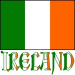 Word "IRELAND" shows in lettering decorated with the Irish tricolor, underneath a large image of the Irish Flag