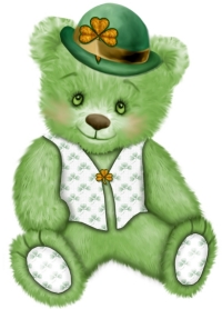 Cute green bear is ready for St. Patrick's Day with his adorable Irish hat and vest with shamrock print and accents.